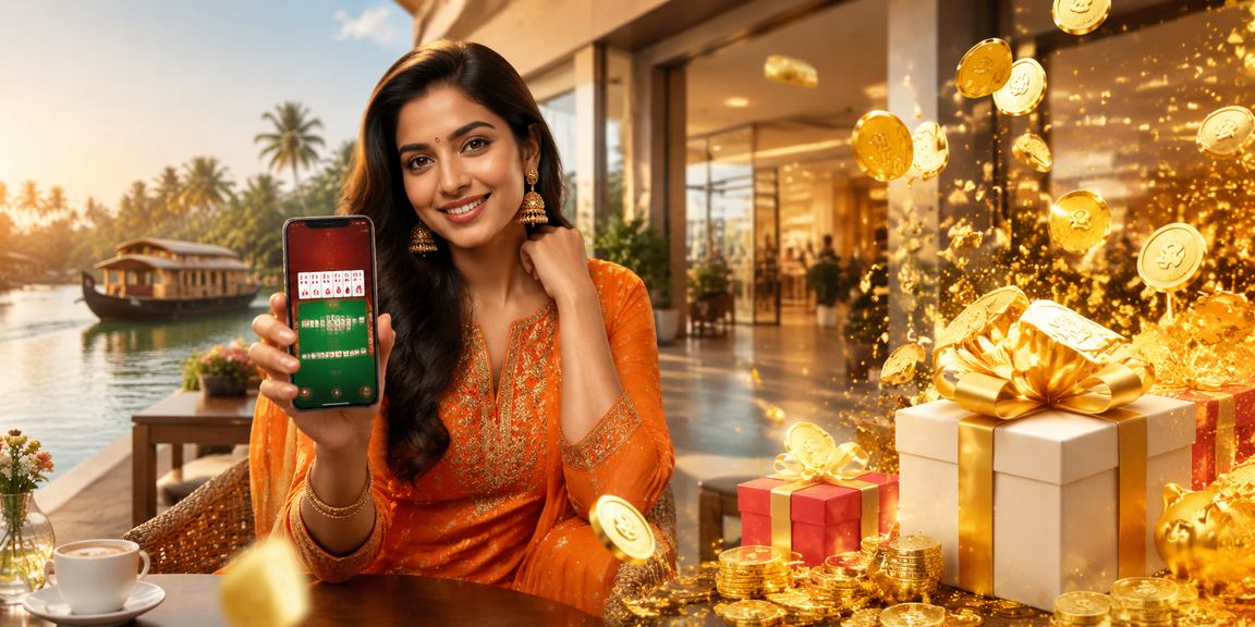Player enjoying online Rummy in relaxed Kerala backwaters setting